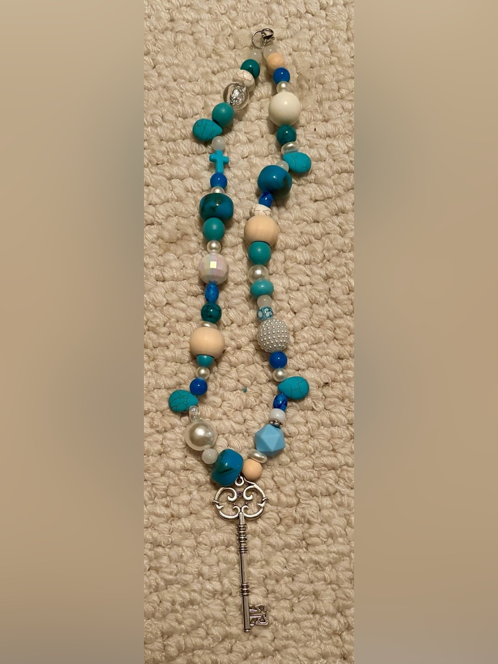Handmade Turquoise & Cream Key Pendant Necklace - Women Jewelry